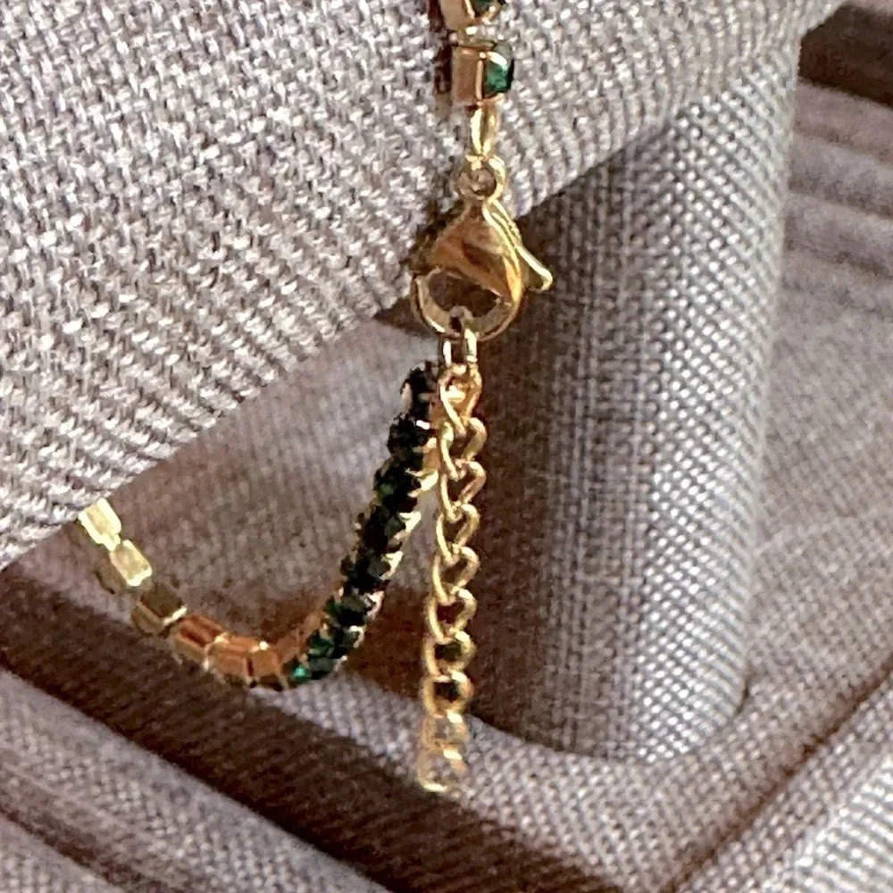 Emerald Green CZ 18K Gold Stainless Steel Tennis Bracelet May Birthstone Dainty - Picture 4 of 8